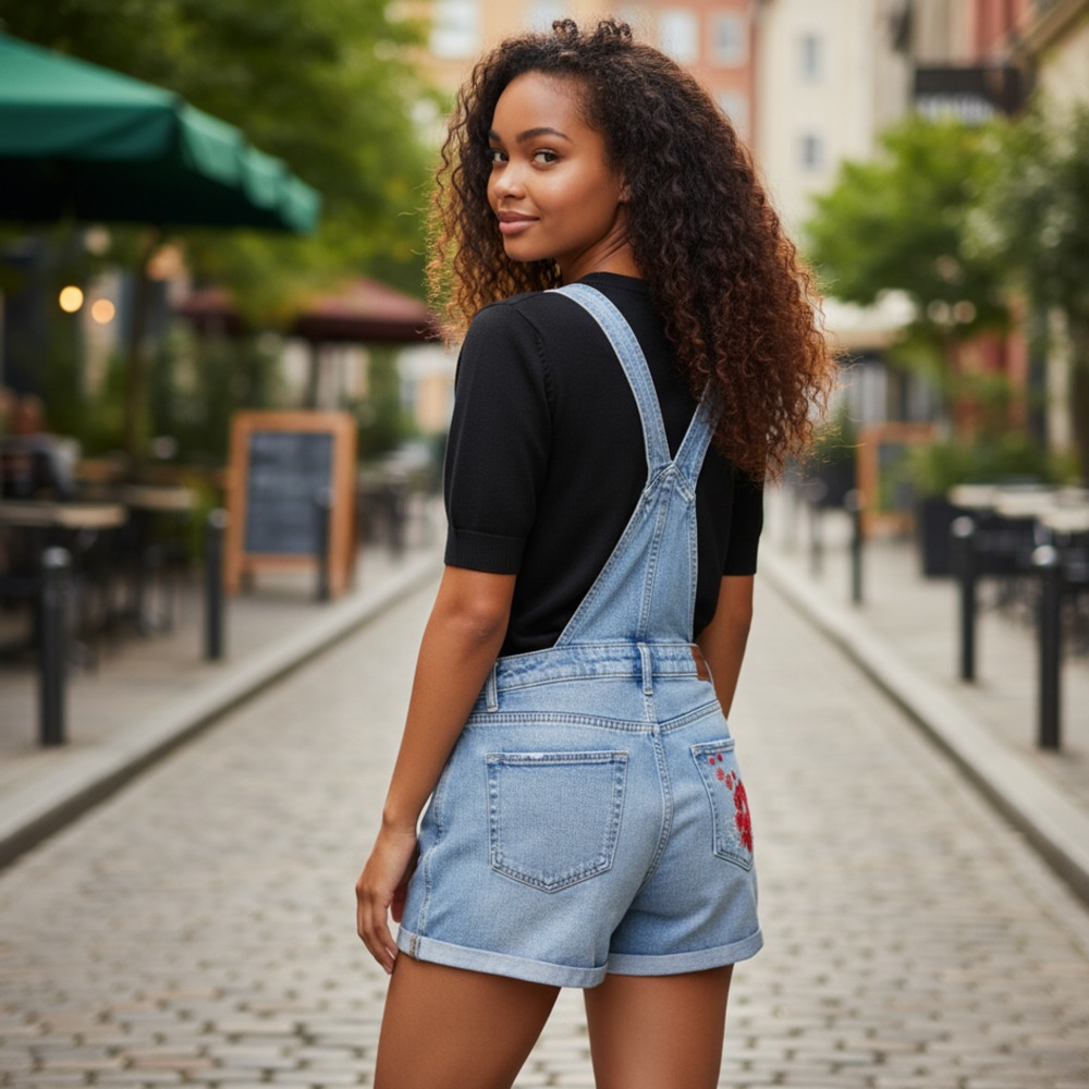Hollister Boyfriend Short Overall Vintage Medium Wash Rose Embroidered Size M